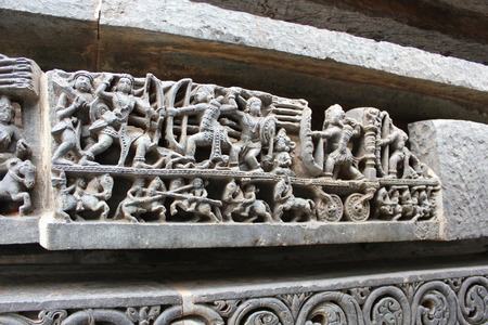 Sculptures depicting war scene carved on the wall of Hoysaleswara Templelの写真素材