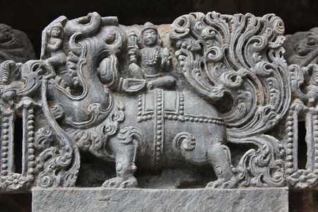 Hoysaleswara Temple wall carved with sculpture of Makara (Mythical animal)の写真素材