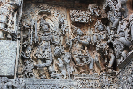Hoysaleswara Temple wall carving of various hindu deitiesの写真素材