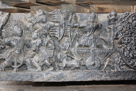 Hoysaleswara Temple wall carving of warriors (battle scene)の写真素材