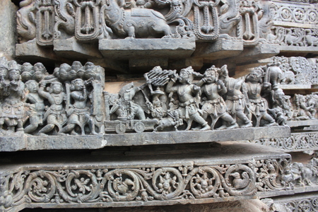 Battle scene carved on hoysaleswara temple wallの写真素材