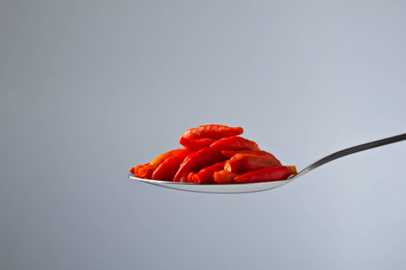 Small red chili in spoonの写真素材