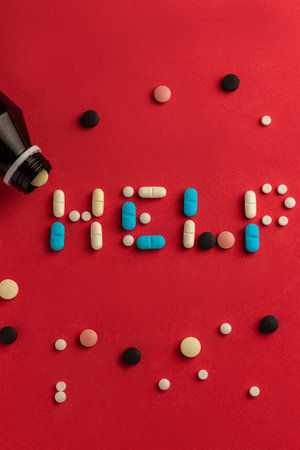 pills lying on a red background forming the word "help". copy space. depression concept. (series).の写真素材