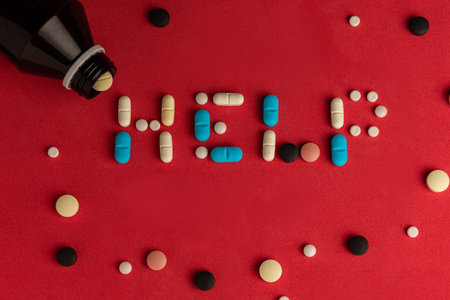 many pills forming the word help. depression concept. copy space.(series).の写真素材