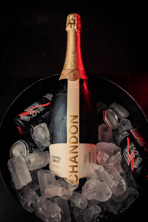 Buenos Aires, Argentina; 05-09-2023: bottle of chandon in a bucket with ice and speed.のeditorial素材