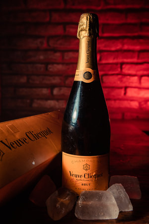 Bottle of champagne brand "veuve clicquot" Brut on ice.のeditorial素材