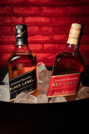 Bottles of Red Label and Black Label brandのeditorial素材