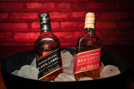 Bottles of Red Label and Black Label brandのeditorial素材