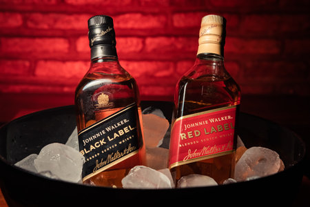 Bottles of Red Label and Black Label brandのeditorial素材