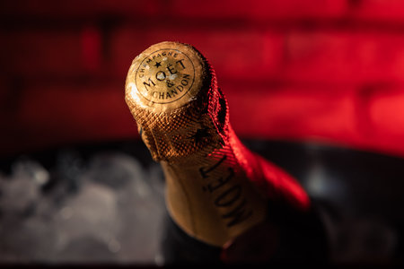 Bottle of champagne brand "Moet y Chandon" Extra Brut on ice.のeditorial素材