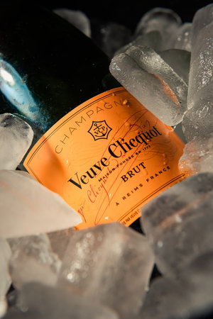 Bottle of champagne brand "veuve clicquot" Brut on ice.のeditorial素材