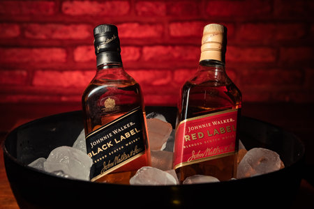 Bottles of Red Label and Black Label brandのeditorial素材