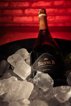 Bottle of "Baron B" brand champagne on ice.のeditorial素材
