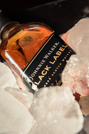 Bottle of Black Label brand whiskey on ice. johnnie walker.のeditorial素材