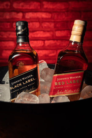 Bottles of Red Label and Black Label brandのeditorial素材