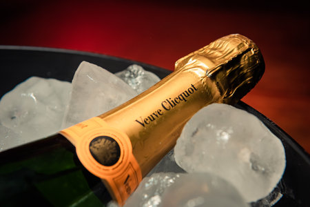 Bottle of champagne brand "veuve clicquot" Brut on ice.のeditorial素材
