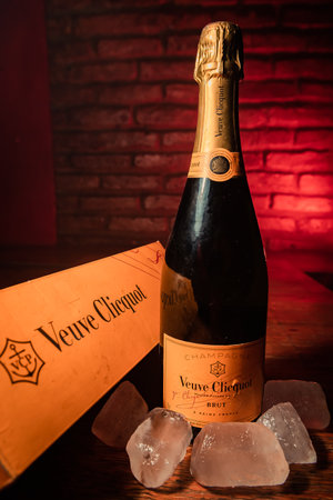 Bottle of champagne brand "veuve clicquot" Brut on ice.のeditorial素材