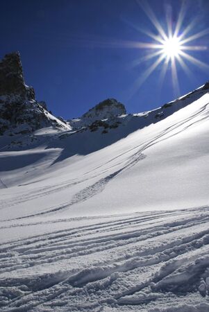 A view in the mountain with sunの写真素材