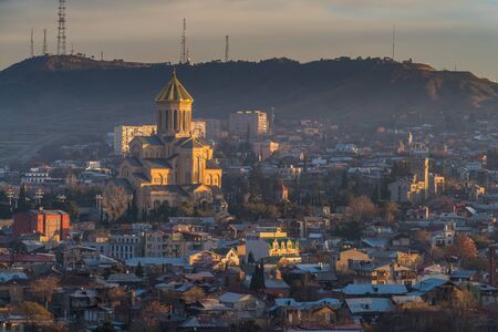 TBILISI, GEORGIA - DEC.11, 2017 : Holy Trinity Cathedral of Tbilisi at dawn view from the hillのeditorial素材
