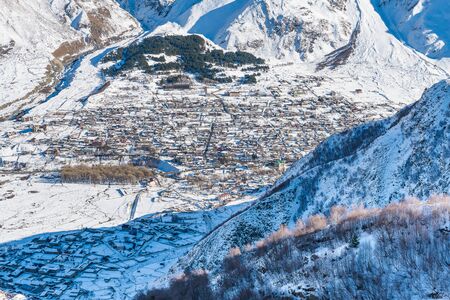 The view of Stepantsminda town in Georgiaの写真素材