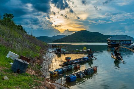 CHIANG MAI, THAILAND - May 26, 2018 :  The fishermen prepare the fishing equipment before night fishing routine in the Mae Guang reservoirのeditorial素材