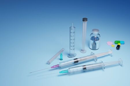 3D illustration of Syringes, vial and pills on blue tabletop