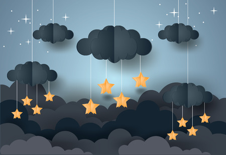 Goodnight and sweet dream concept.Clouds and stars in midnight.origami mobile. Vector illustration.Paper and craft artのイラスト素材