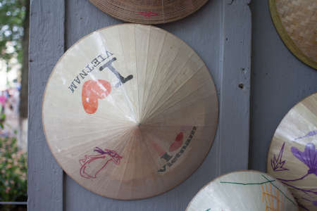 HUE, VIETNAM : Traditional bamboo hats made on Hue, local market. Souvernir from Vietnam.