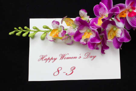 Happy Womans Day March 8th written on white card with red rosesの写真素材