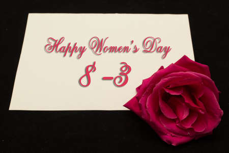 Happy Womans Day March 8th written on white card with red rosesの写真素材