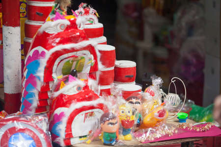 Hanoi / Vietnam - Sept. 1 2020: Traditional market sells colorful lanterns with different shapes, lion heads, drums... for the mid-autumn festival. The market is organized at Old Quarter, Hanoi.のeditorial素材
