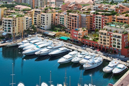 An assortment of boats and yachts in a marina at Monte Carloの写真素材
