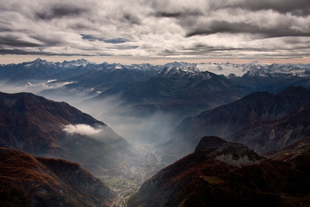 View of Cormayeur from Monte Bianco (Mont Blanc) Italyの写真素材