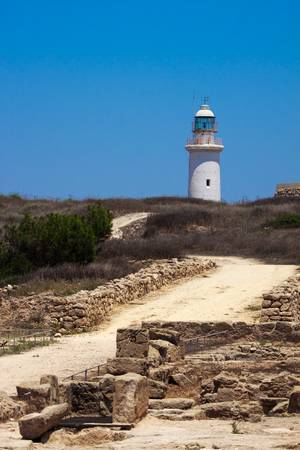 View from ancient Greek ruins at Paphos to the lighthouseの写真素材