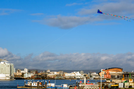 Kite flying over Cardiff Bayのeditorial素材