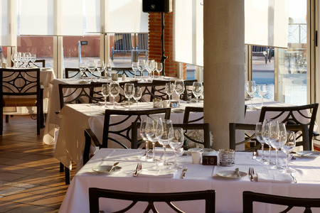 Evening sunshine filtering into the restaurant at Dona Lola holiday resort in Calahondaのeditorial素材