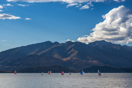 Sailing on Lake Wanaka in the Otago Region of New Zealandの写真素材