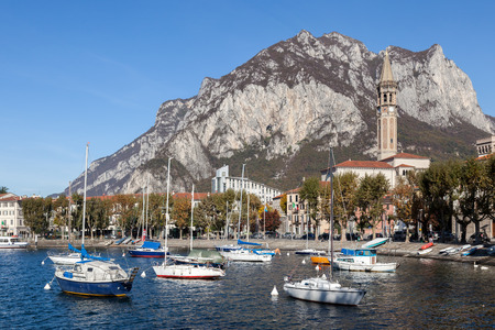 View of Lecco on the southern shore of Lake Comoの写真素材