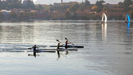 Kayaking on Lake Como at Lecco Italyのeditorial素材