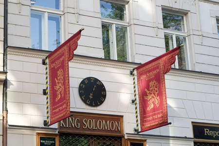 Flags outside the King Solomon Restaurant in Pragueのeditorial素材