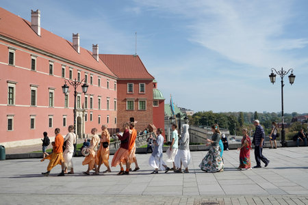 Buddhists marching in the Old Market Square in Warsawのeditorial素材