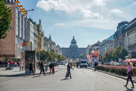 View down Vaclavske Street to Wencelas Square in Pragueのeditorial素材