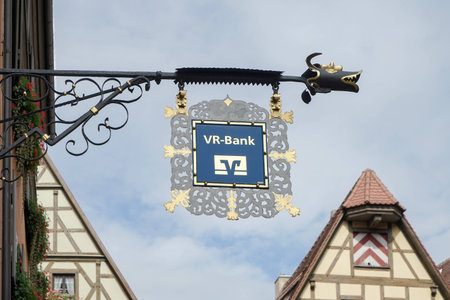VR-Bank hanging signs in Rothenburgのeditorial素材