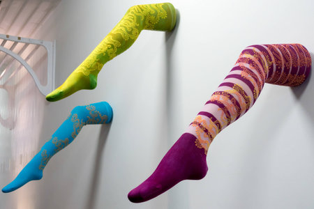Ladies legs in colourful tights art display in the Millennium Centre in cardiffのeditorial素材