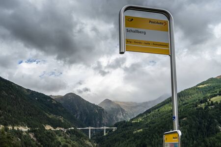 SIMPLON PASS, SWITZERLAND/ EUROPE - SEPTEMBER 16: Bus stop at Schallberg on the Simplon Pass in Switzerland on September 16, 2015のeditorial素材
