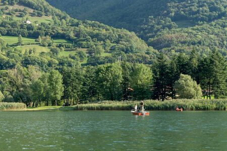 People Fishing on Lake Endine near Bergamoの写真素材