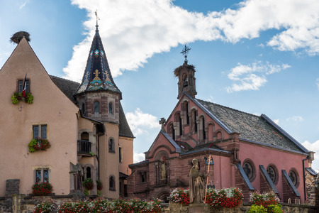 Chateau and St Leon Church in Eguisheim in Haut-Rhin Alsace Franceのeditorial素材