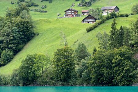View houses along the SarnerSee near Sachseln Obwalden in Switzerlandの写真素材
