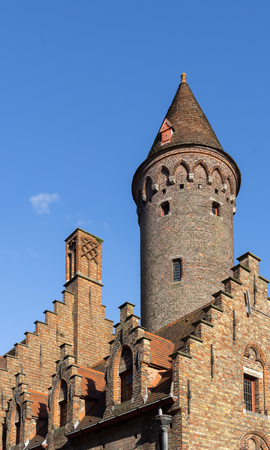 Medieval brickwork tower in Bruges West Flanders Belgiumのeditorial素材