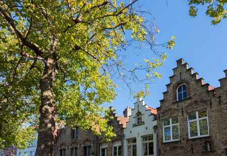 Buildings alongside a canal  in Bruges West Flanders in Belgiumのeditorial素材
